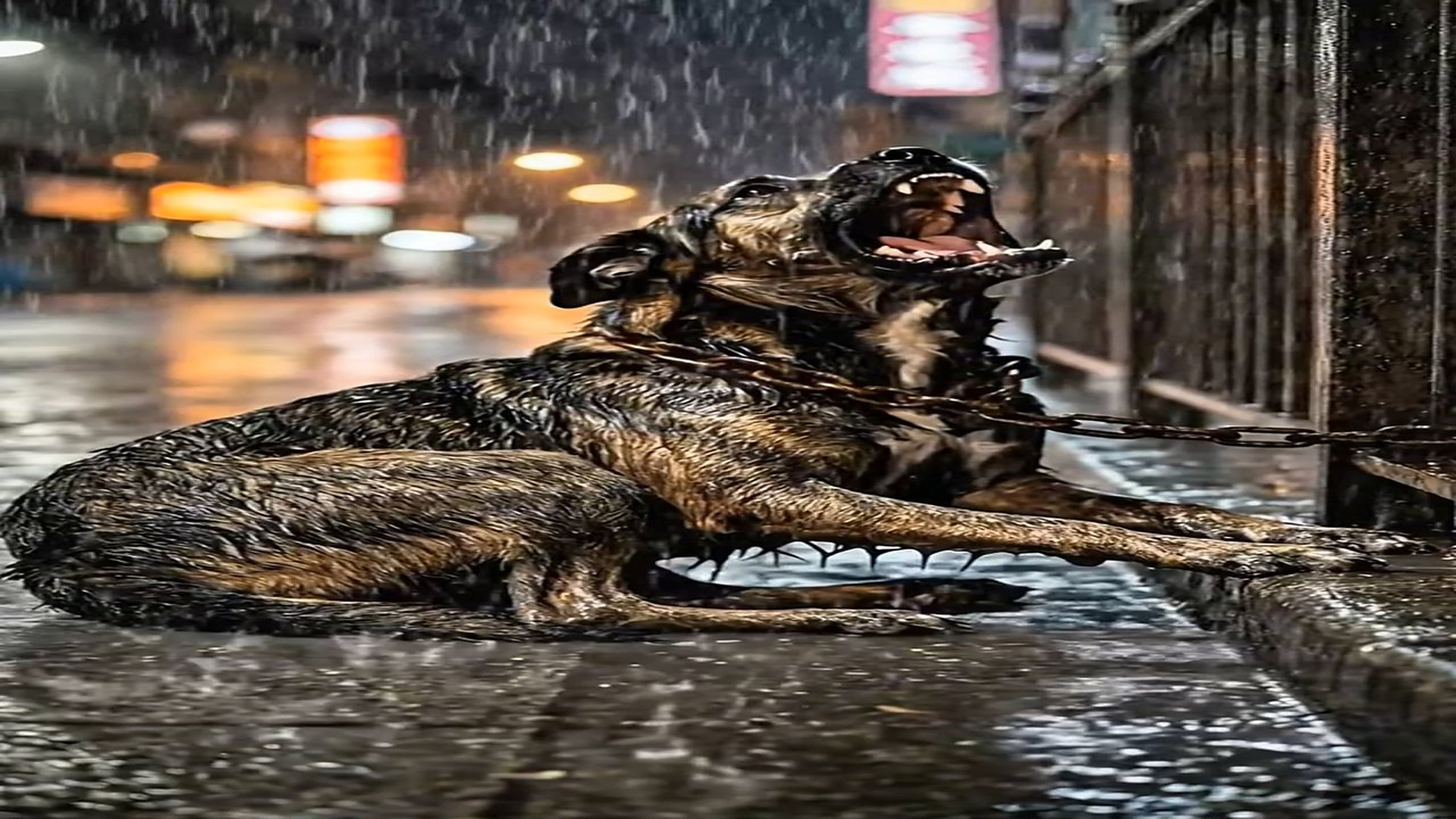 Full Story D0706041_Crying in Rain No One Came to Help In middle of cold, rainy night, helpless dog cries out in pain loneliness. Chained t