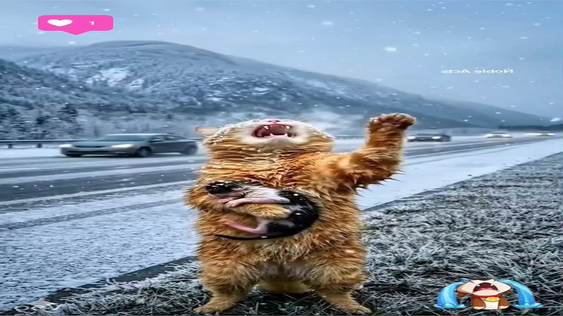 Full Story D2706039_reactions Snowy Highway Mama Cat Begs Help #reels Would you stop to help crying mama cat her kitten on freezing snowy h