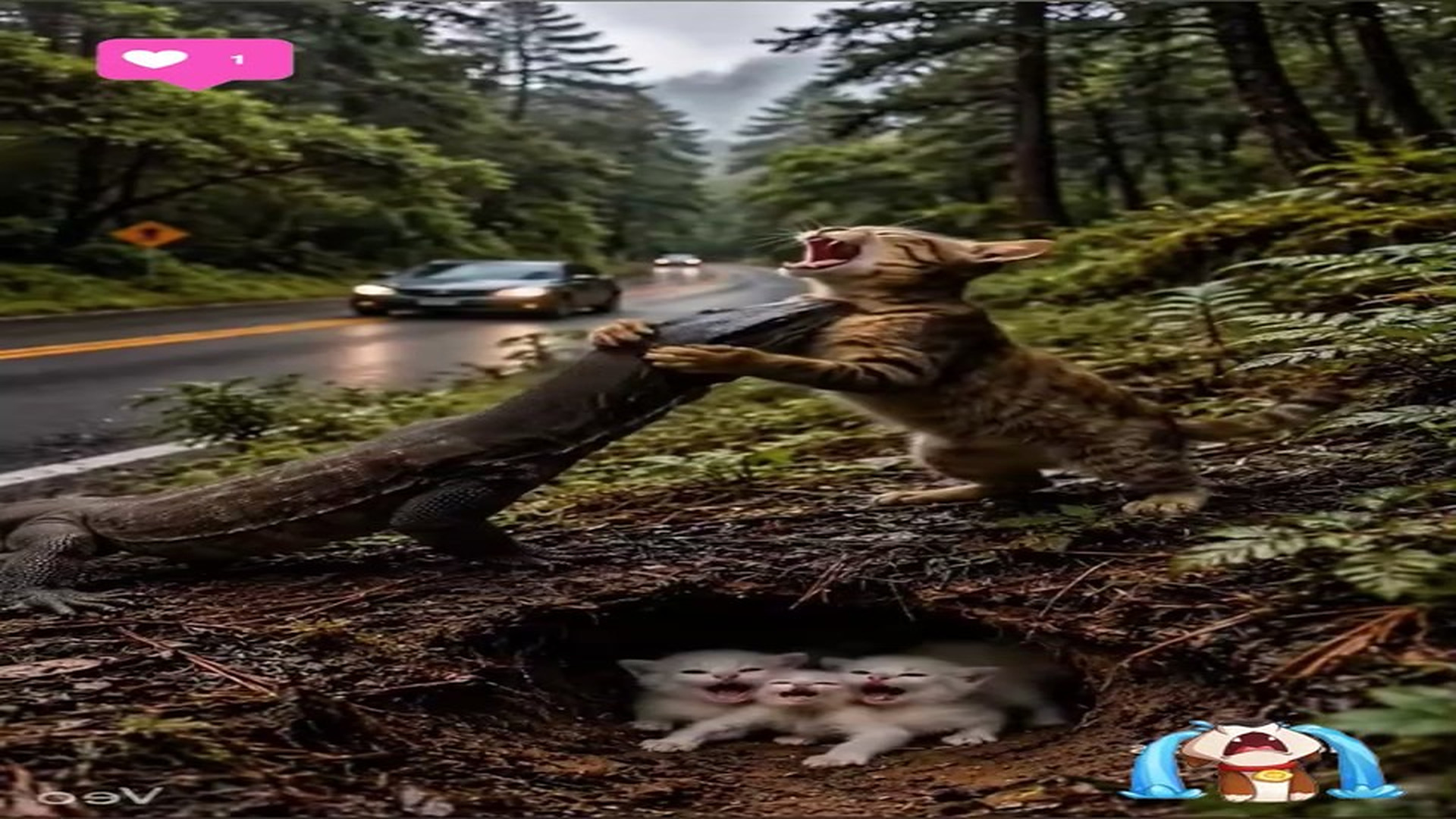 Full Story D2706042_reactions Brave Cat Protects Her Kittens Giant Lizard on Highway #reels Would you stop to save tiny cat family on roads